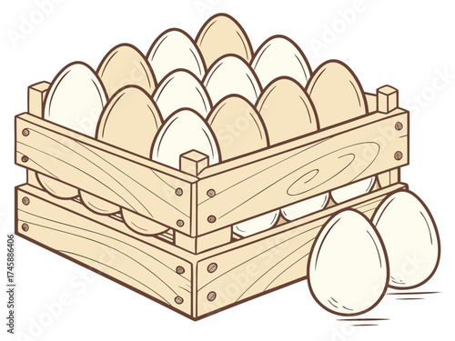 Fresh eggs in wooden crate with additional eggs beside. Wooden crate displays neatly arranged eggs in various colors and sizes. Concept fresh eggs for cooking, baking, and food photography.