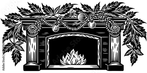 Decorative fireplace with garland and flames, showcasing an elegant arrangement of leaves and ornaments on the mantel. This fireplace design adds warmth and charm