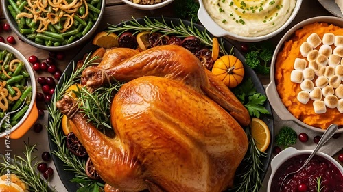 Festive Thanksgiving feast : A golden roasted turkey takes center stage surrounded by colorful sides creating a warm inviting holiday spread