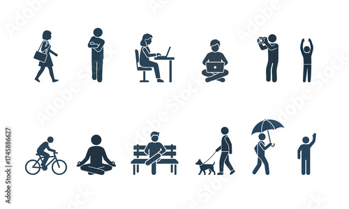 working silhouette icons sate.Vector illustration in Sitting, walking, dancing, etc.