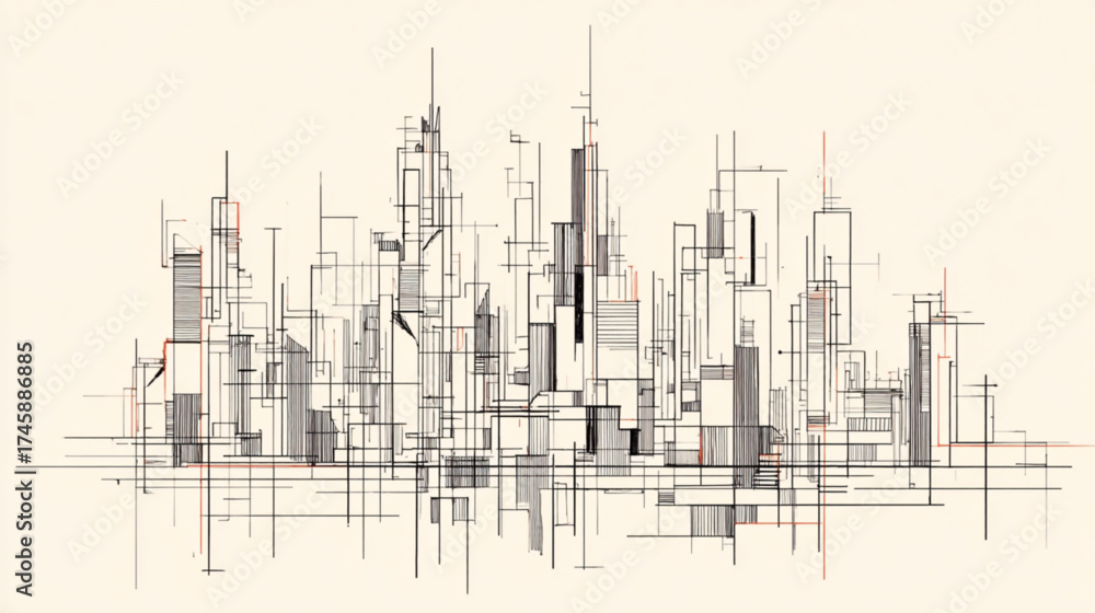 Obraz premium Abstract Architectural Sketch of a Modern City Skyline Drawing.