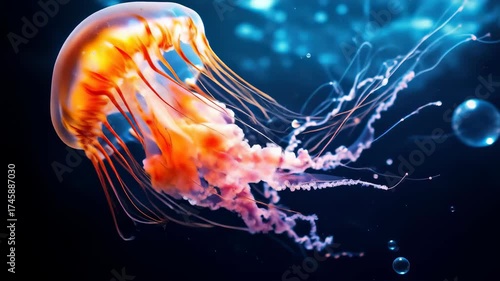 Jellyfish swimming in the deep ocean with bubbles.