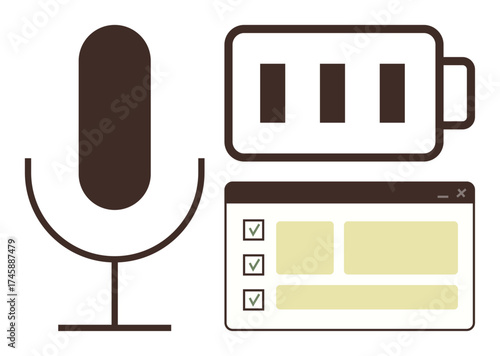Microphone with battery level indicator and task checklist interface. Ideal for productivity, workflow, communication, technology, organization, audio recording, goal setting. A simple flat metaphor