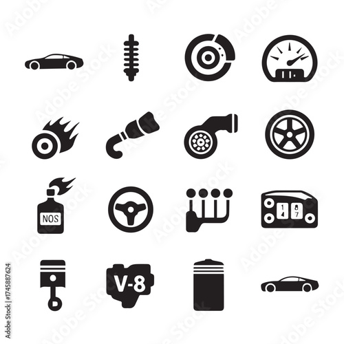 automotive vector icon set with car parts engine wheel piston turbo brake speedometer spark plug steering design
