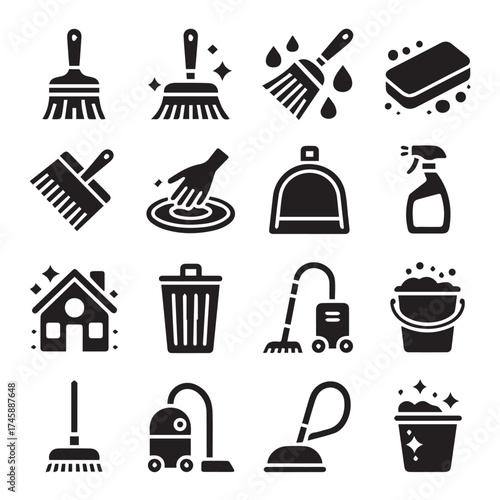 vector cleaning icons set broom mop sponge spray bottle vacuum bucket dustpan plunger hygiene sanitation household tools