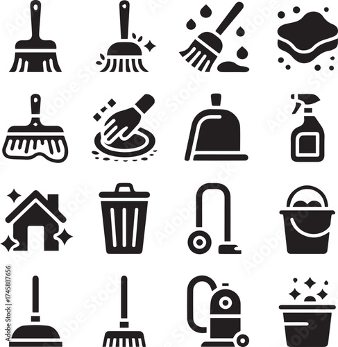 household cleaning vector icons broom mop sponge spray bottle vacuum bucket dustpan hygiene sanitation service equipment