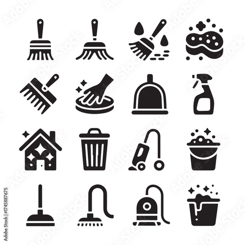 black and white cleaning vector icons broom mop sponge spray bottle vacuum bucket dustpan hygiene sanitation household