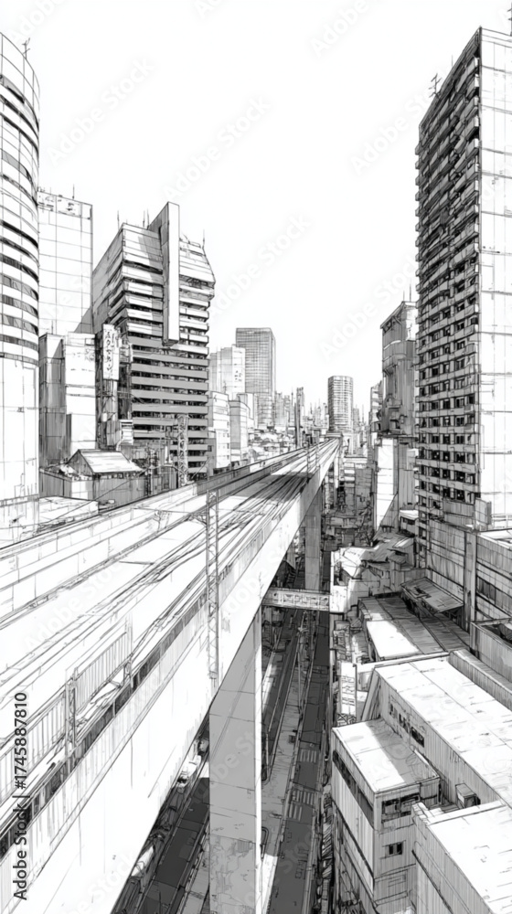 Fototapeta premium Black and white architectural sketch of an elevated railway system.