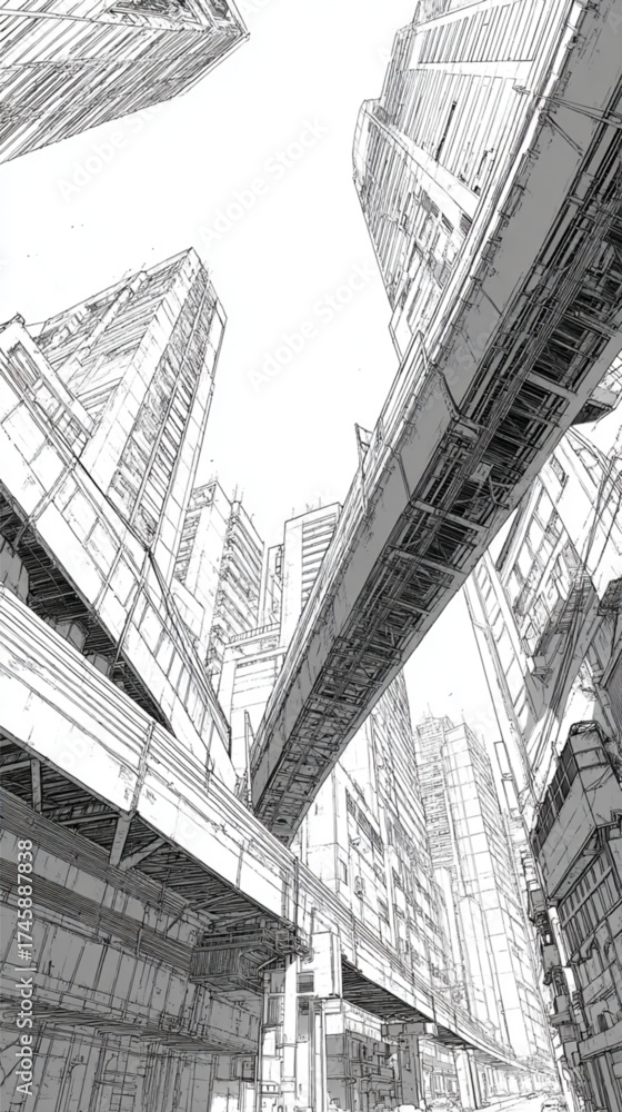 Fototapeta premium Black and white line art drawing of a dense urban cityscape from a low angle perspective.