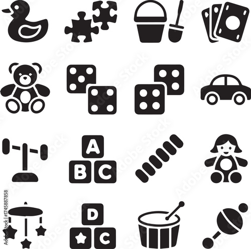 children toy silhouette icons set rubber duck teddy bear puzzle blocks dice car xylophone maraca vector