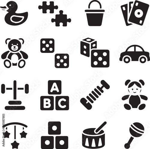toy silhouette vector set rubber duck teddy bear puzzle blocks dice car xylophone maraca for children