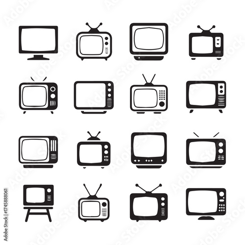 black and white television icons set with vintage tv, flat screen, old radio, antenna, retro broadcast technology vector