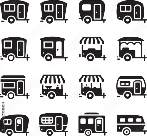 vector icons of trailers campers food trucks and mobile stalls minimal black and white travel and commercial designs