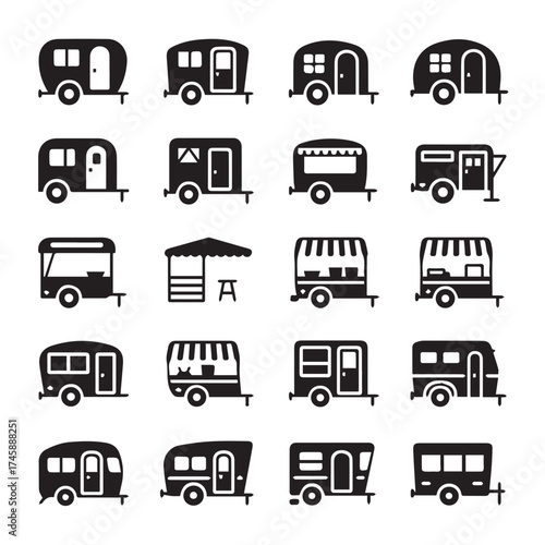 trailer and camper vector icons set of travel caravans food trucks and mobile stalls black and white minimal design