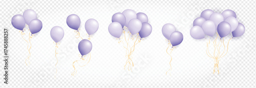 Realistic purple air balloons set isolated on transparent background. Bunch of pastel helium balloons. Set of One, two, three, six and nine 3D air balloons for holiday decoration