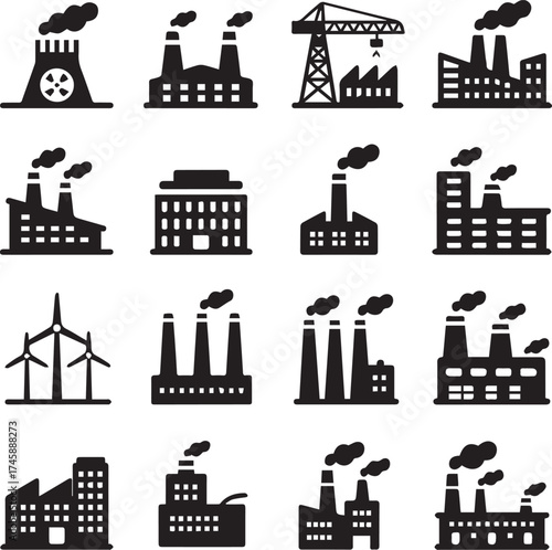 industrial infrastructure icons set factories power plants nuclear renewable energy silhouettes black vector pack