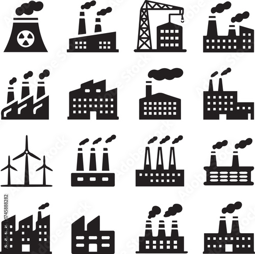 factory and industry icons collection with chimneys smoke nuclear plant renewable energy silhouettes vector design