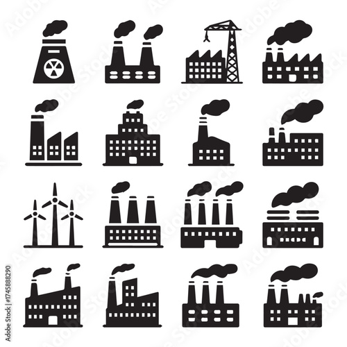 black silhouette industrial buildings icons factories nuclear power renewable energy wind turbine cooling tower set