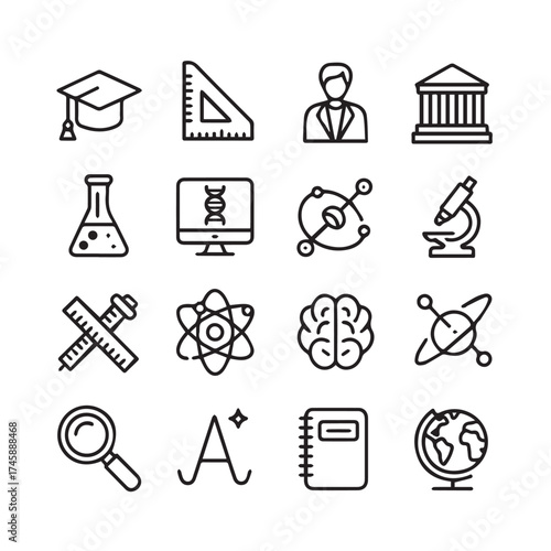 science education and learning icons set vector outline illustration for school university research and academic study