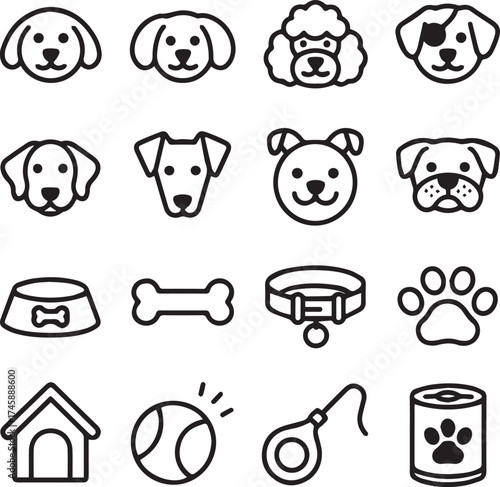 minimal monochrome dog icon collection pet faces accessories toys bowl leash collar tag vector ai eps png jpeg