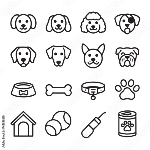 clean dog icon pack vector silhouettes faces accessories paw print bowl leash collar food can for apps signage