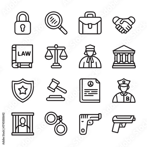 black and white legal and police icon collection 16 vector symbols for justice court law enforcement judge courthouse gavel scale