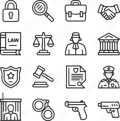 minimal justice and law enforcement icons vector set for legal websites apps police court lawyer security gavel scale