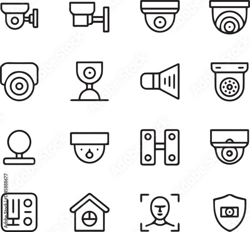 modern security system icons collection with cctv cameras, alarm, biometric face recognition and monitoring symbols