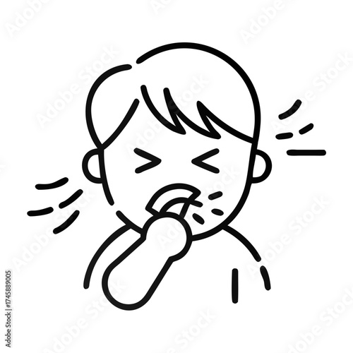 Child sneezing and holding mouth with finger in simple line art style  
