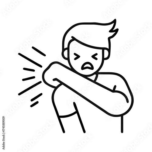 Man sneezing into elbow with a distressed expression in a minimal style  