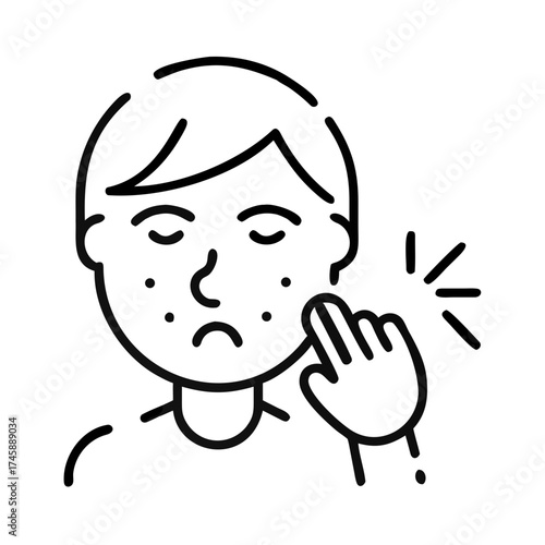 Young person touching face with allergic reaction and skin irritation  