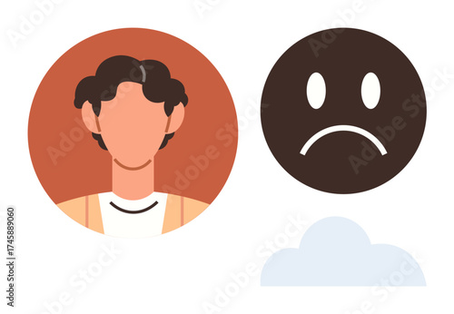 Person facing forward alongside a sad face icon, representing emotions, mental health, contrast, moods. Ideal for psychology, stress, empathy, self-awareness emotional balance simple flat metaphor