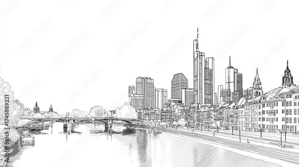Fototapeta premium Hand drawn pencil sketch of the Frankfurt am Main city skyline in Germany.