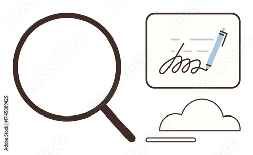 Magnifying glass examining signed document with pen and cloud element. Ideal for security, validation, cloud storage, digital signature, authentication, research, simplification. Clean flat metaphor