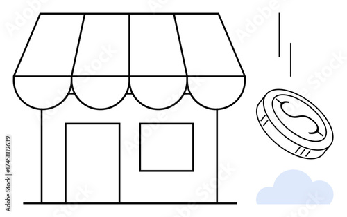 Store with striped awning alongside coin in motion, emphasizing commerce, investment, entrepreneurship, retail, economy, financial planning, and success. Ideal for simple flat metaphor