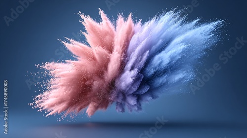 Vibrant explosion of pink and blue colored powders creating dynamic swirls against a dark backdrop