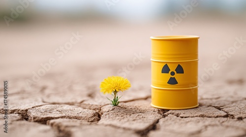 Vibrant dandelion growing beside a yellow radioactive waste barrel on cracked earth in a desolate landscape