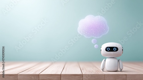 A cute robotic character pondering ideas with a dreamy thought bubble on a wooden table against a soft background.