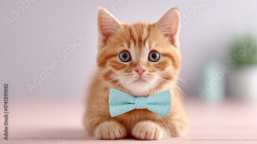 Adorable fluffy orange tabby kitten dressed in a stylish turquoise bow tie, sitting gracefully on a pastel pink surface against a soft background.