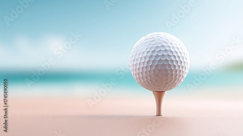 Close-up of a pristine golf ball on a tee with a serene beach backdrop under a clear blue sky
