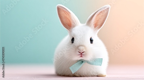 Adorable white rabbit with big ears and a mint green ribbon, sitting on a pastel surface against a soft gradient background