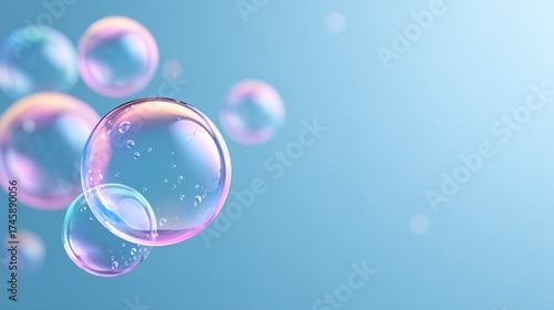 Colorful soap bubbles floating gracefully against a soft blue background, creating a whimsical and serene atmosphere.