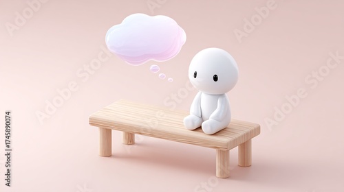 Cute cartoon character with a thought bubble sitting on a wooden bench against a pastel background