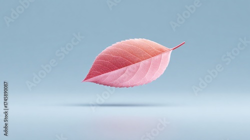Delicate pink leaf gracefully suspended above a smooth surface against a tranquil blue backdrop