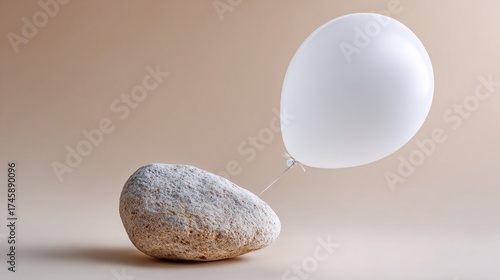 A delicate white balloon tethered to a rough stone on a minimalist background