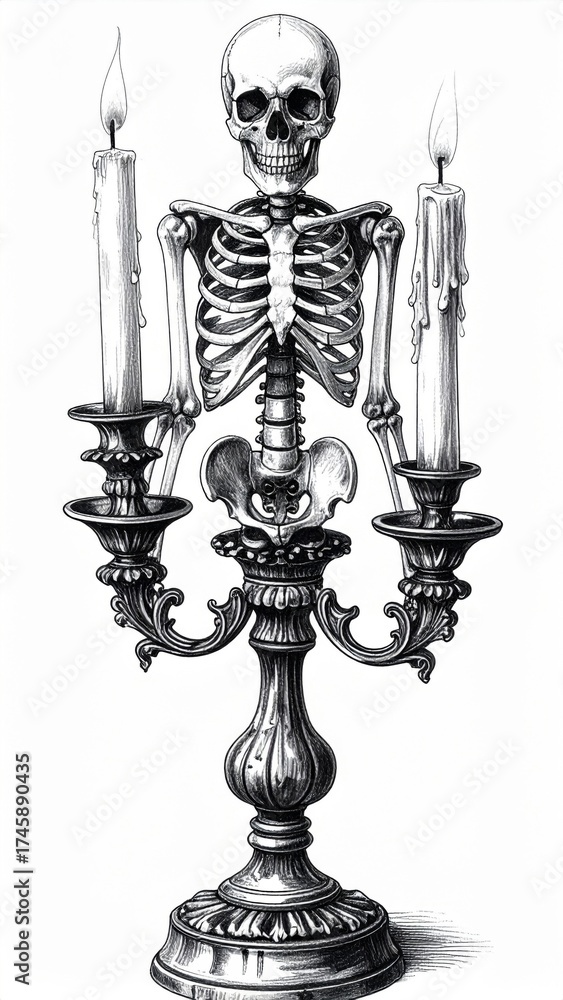 Fototapeta premium Ornate Candlestick Topped with Human Skeleton Holding Candles in Monochrome