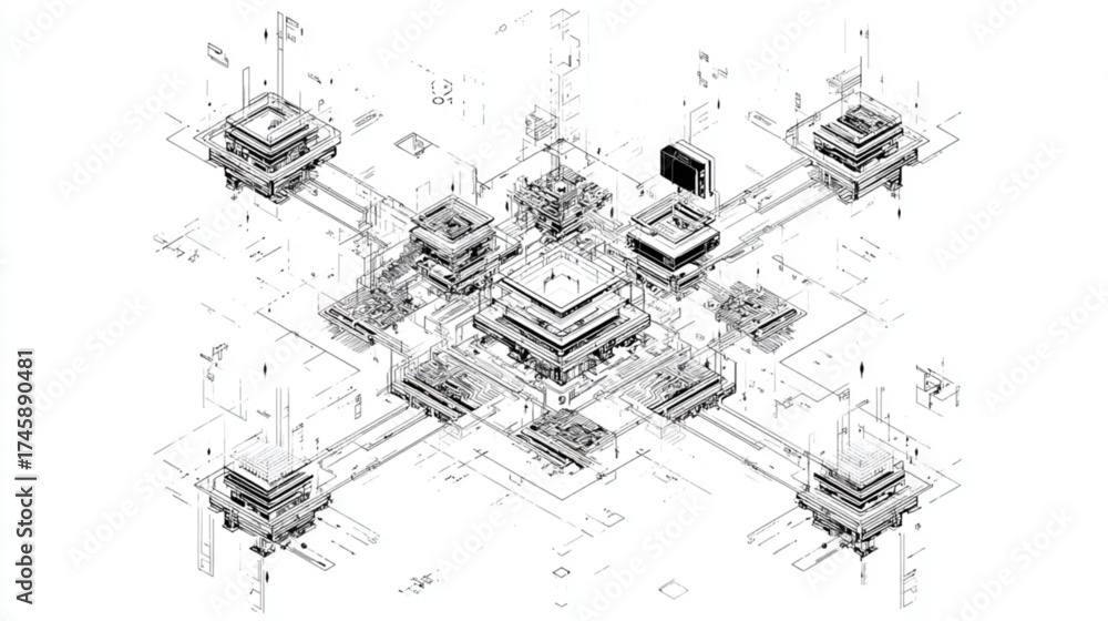Fototapeta premium Isometric blueprint of a futuristic data center network.