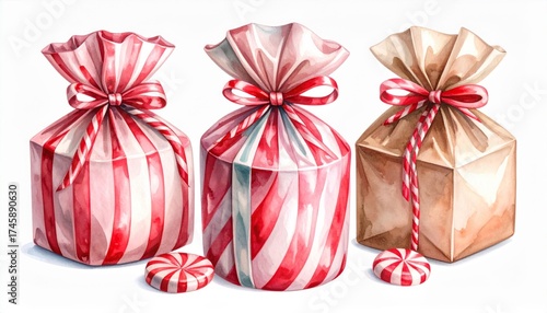 Watercolor Painting of Candy Filled Favor Bags with Striped Decorations