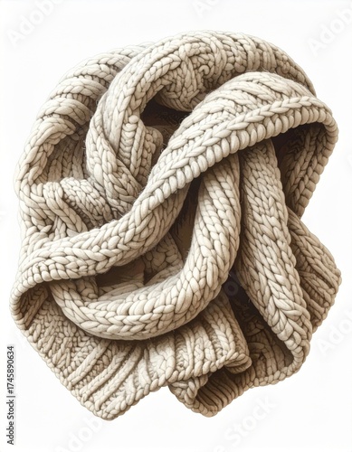 Beige Knitted Blanket in Coiled Arrangement Isolated on White Background Texture