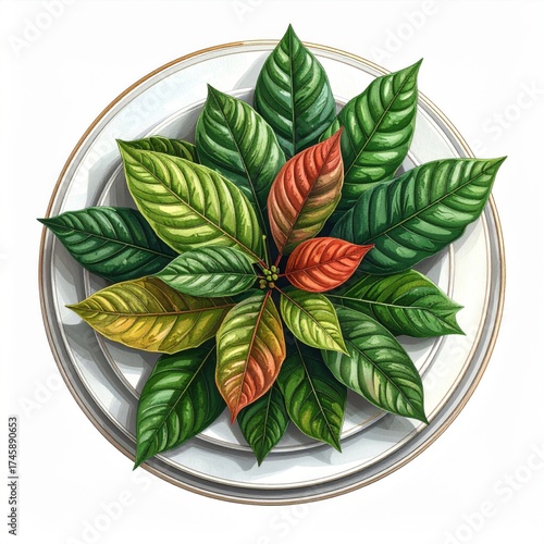 Top View of Green and Red Leaves on White Plate with Golden Accents
